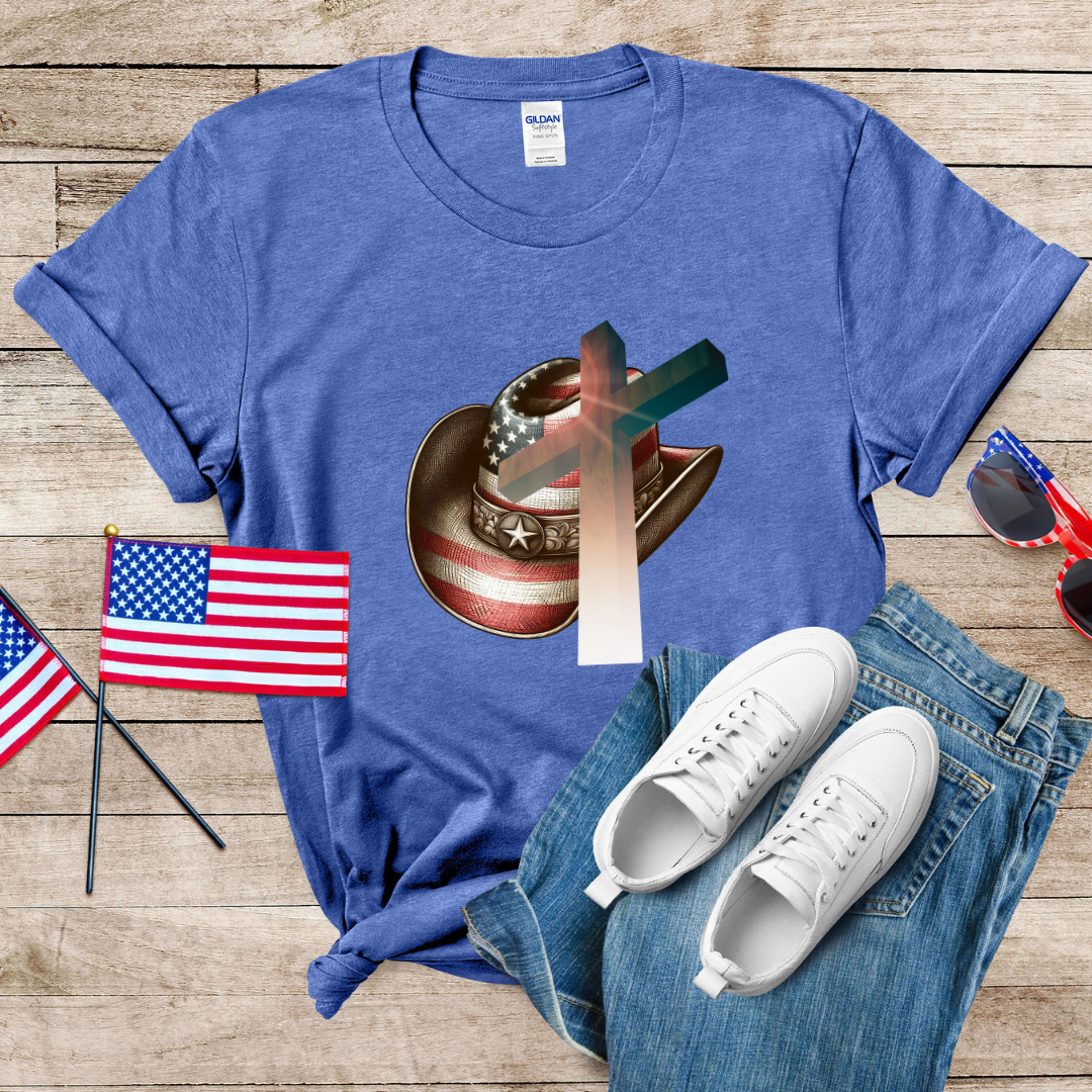 Patriot Cowboy Hat n Cross Unisex Softstyle T-Shirt