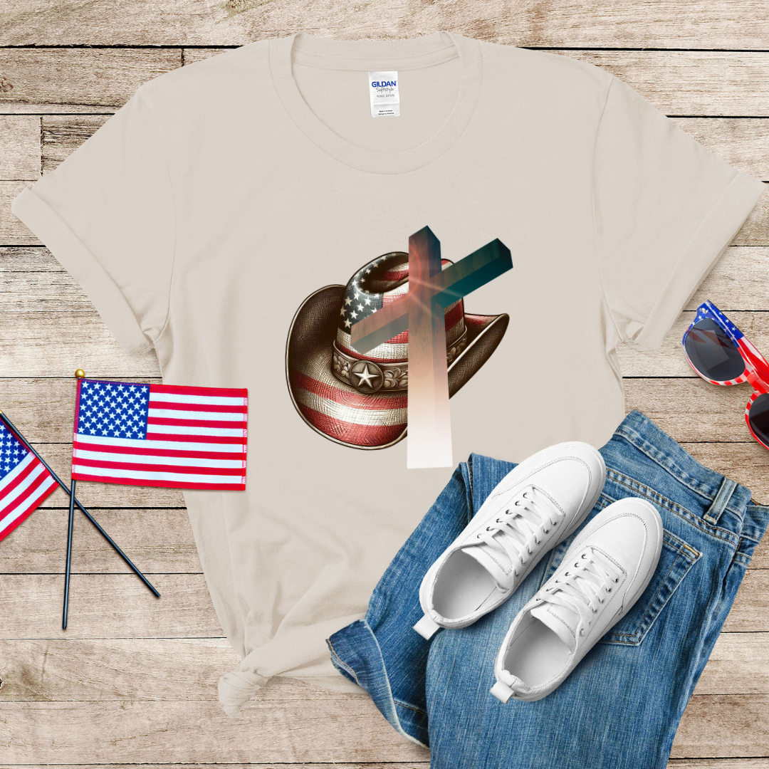 Patriot Cowboy Hat n Cross Unisex Softstyle T-Shirt