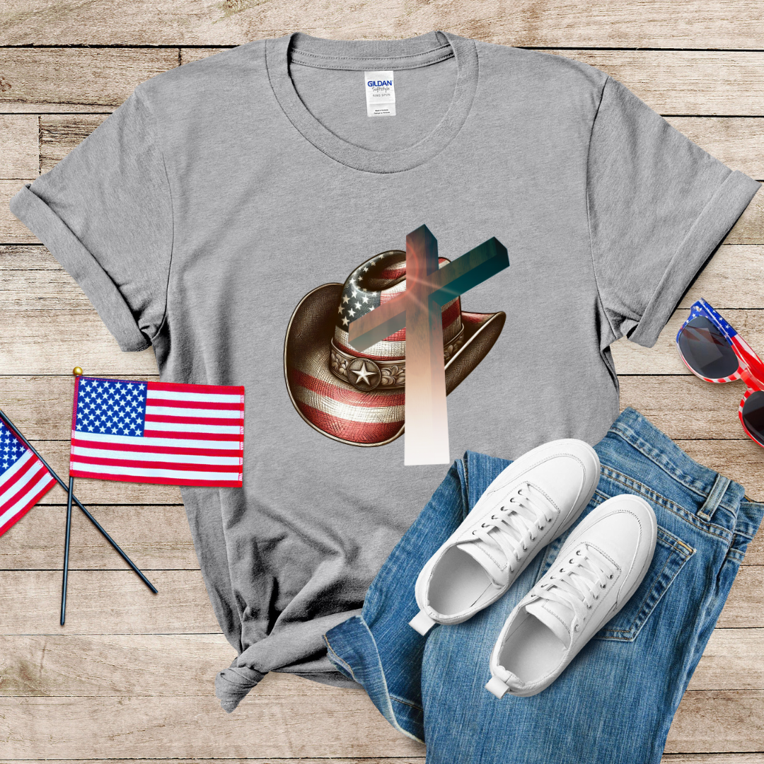 Patriot Cowboy Hat n Cross Unisex Softstyle T-Shirt