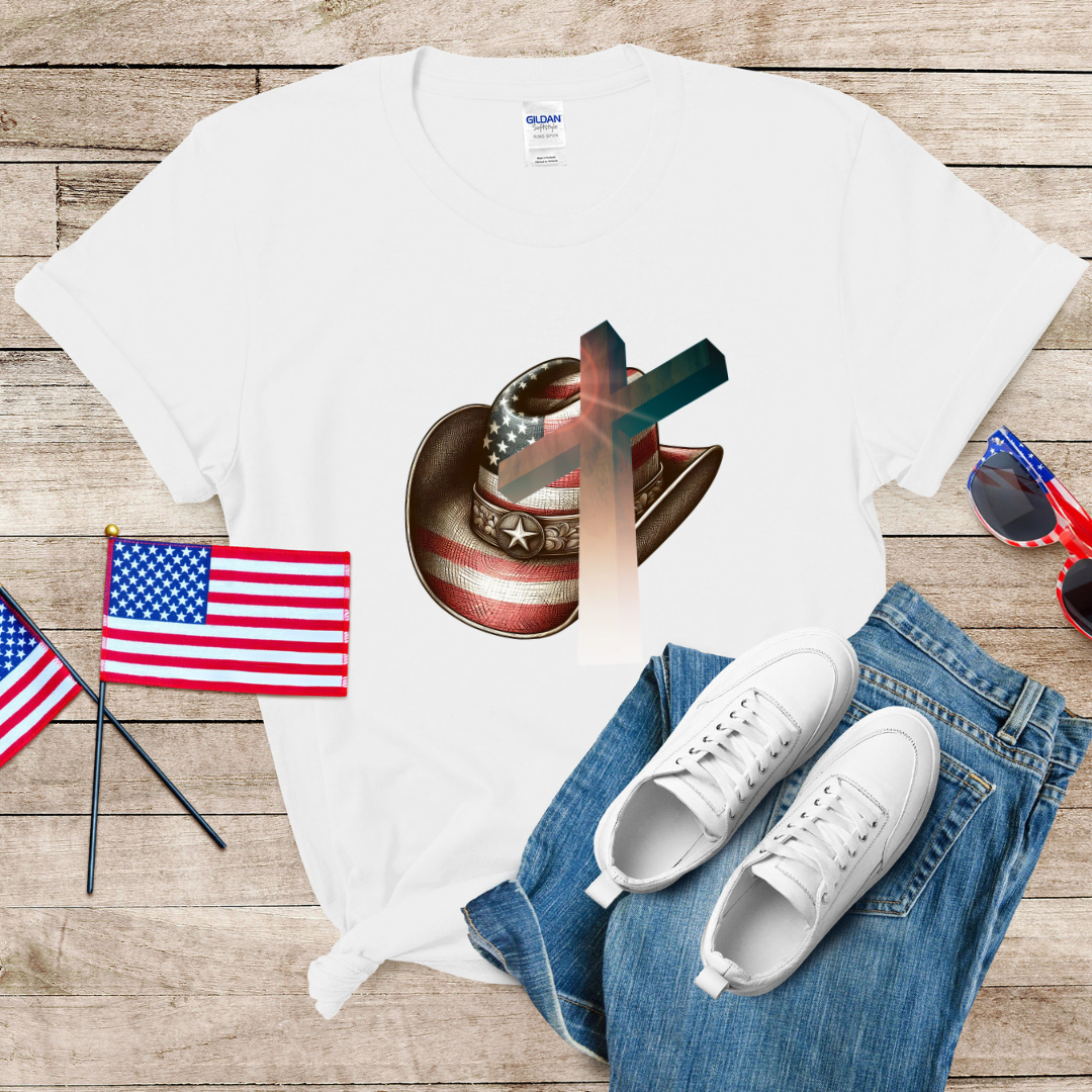 Patriot Cowboy Hat n Cross Unisex Softstyle T-Shirt