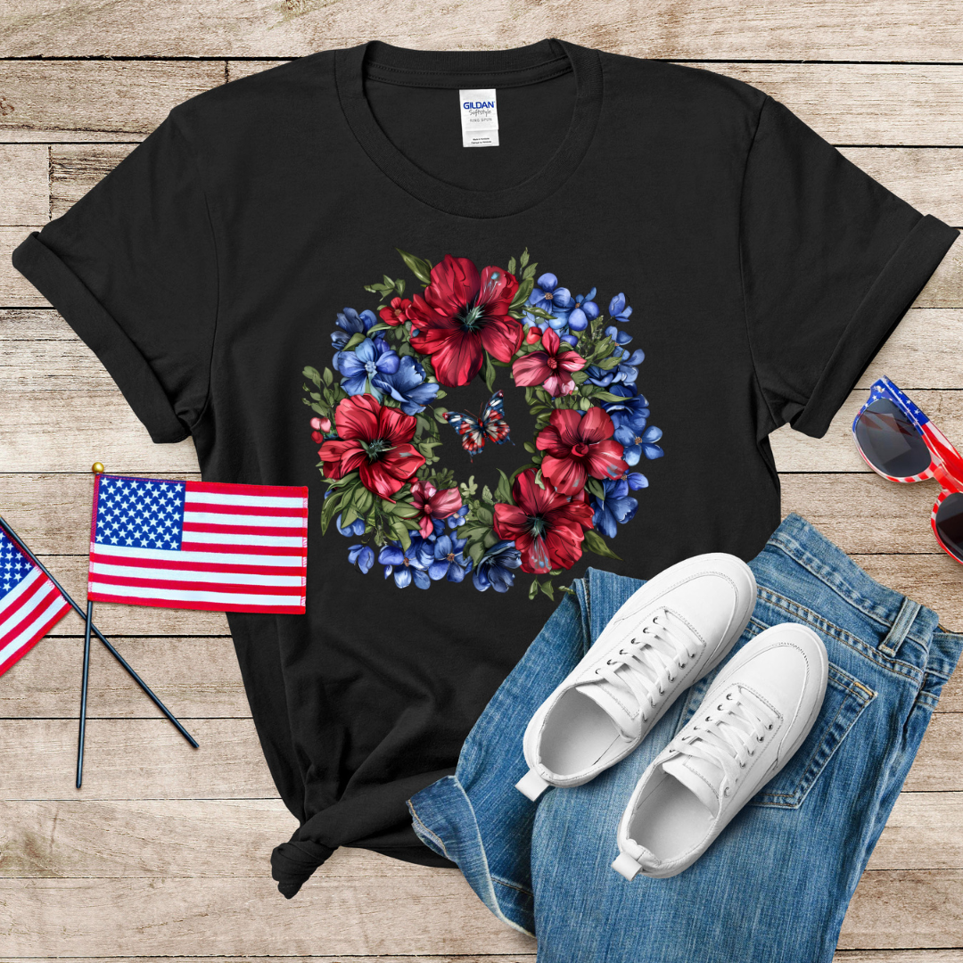 Patriotic Flower Wreath Unisex Softstyle T-Shirt