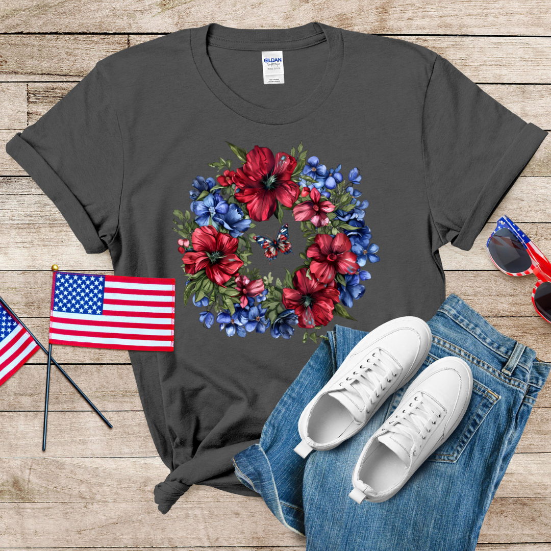 Patriotic Flower Wreath Unisex Softstyle T-Shirt