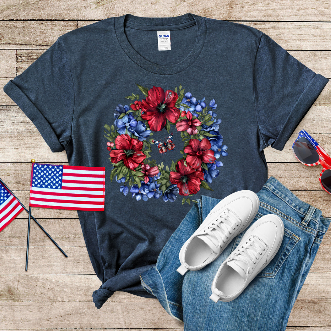 Patriotic Flower Wreath Unisex Softstyle T-Shirt