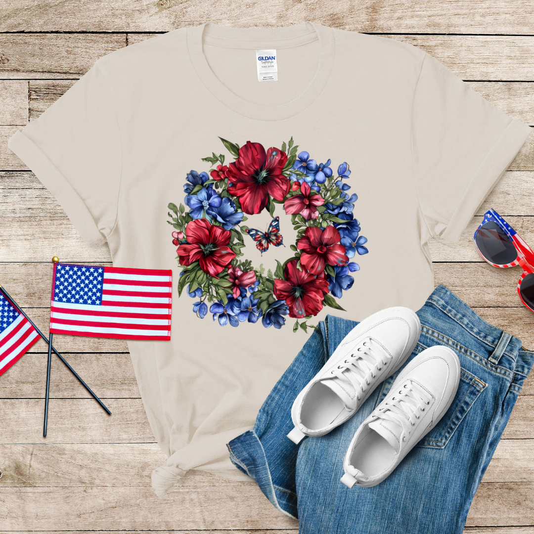 Patriotic Flower Wreath Unisex Softstyle T-Shirt