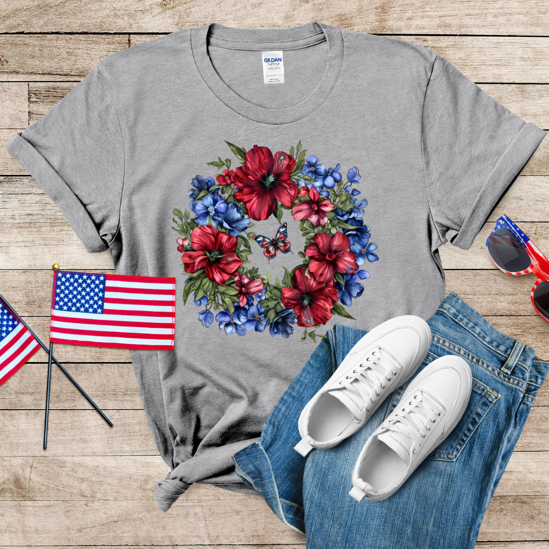 Patriotic Flower Wreath Unisex Softstyle T-Shirt