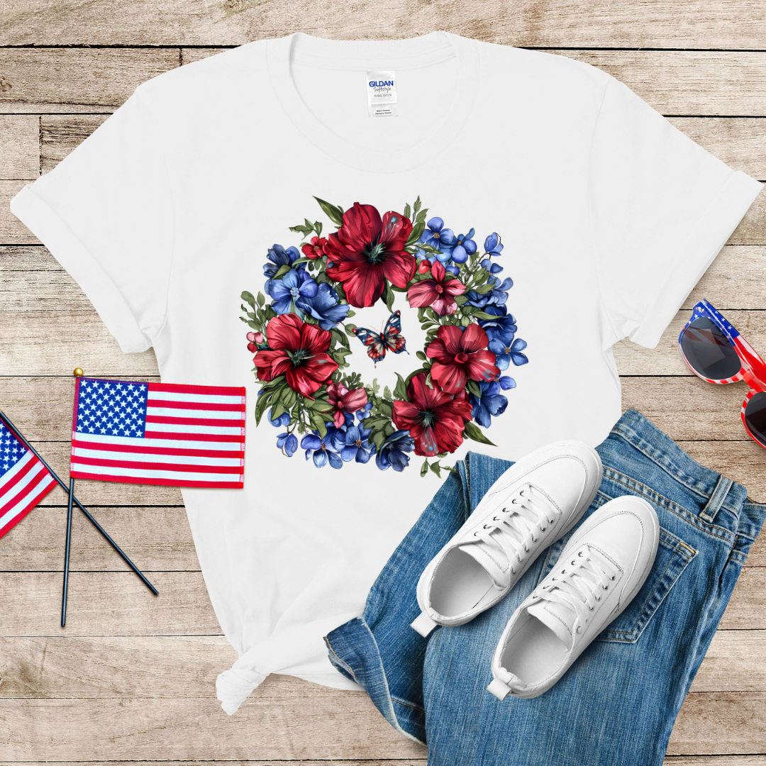 Patriotic Flower Wreath Unisex Softstyle T-Shirt