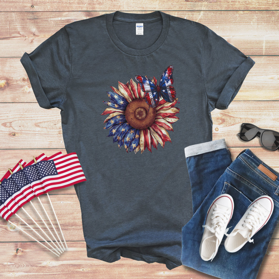 Patriotic Butterfly on Sunflower 1 Unisex Softstyle T-Shirt