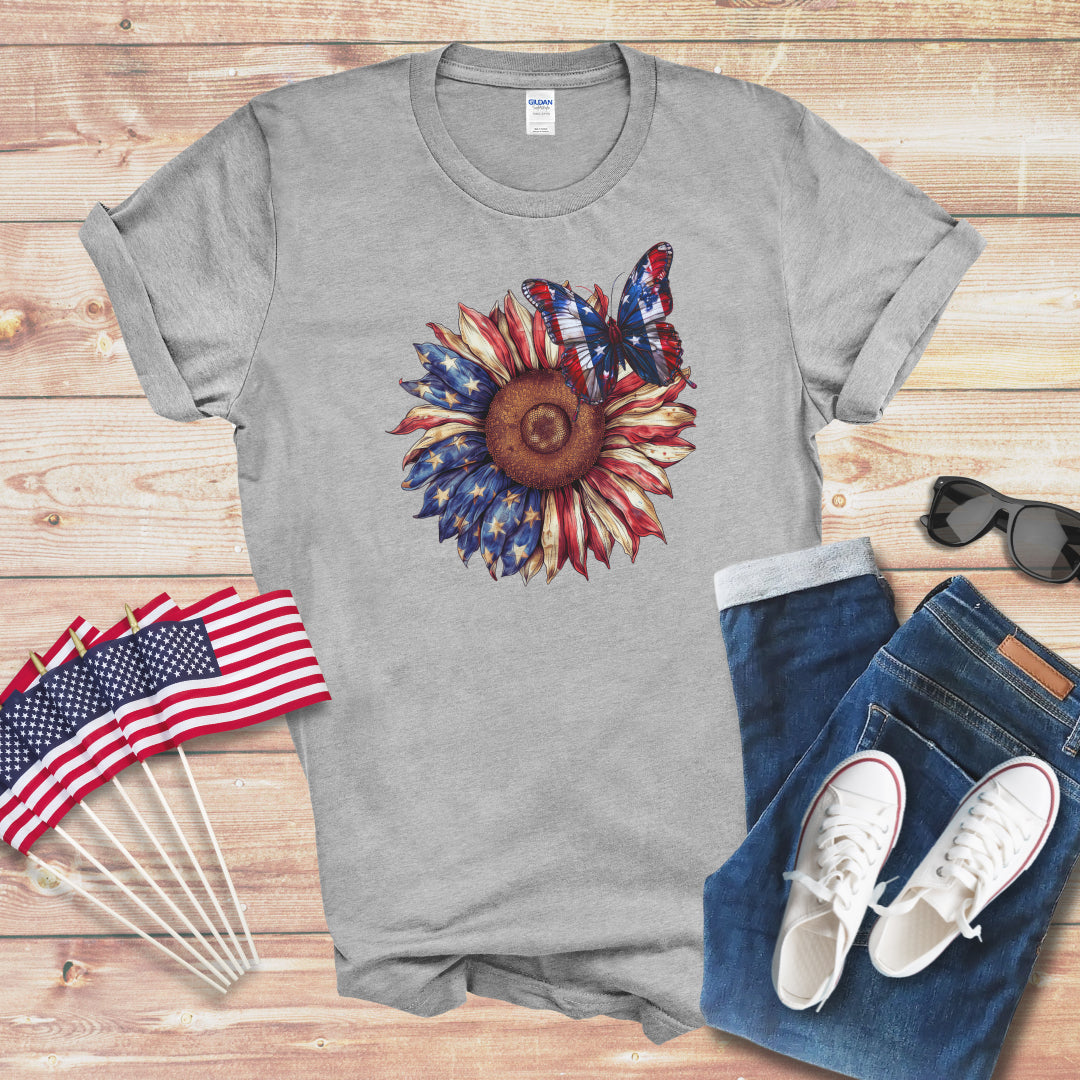 Patriotic Butterfly on Sunflower 1 Unisex Softstyle T-Shirt