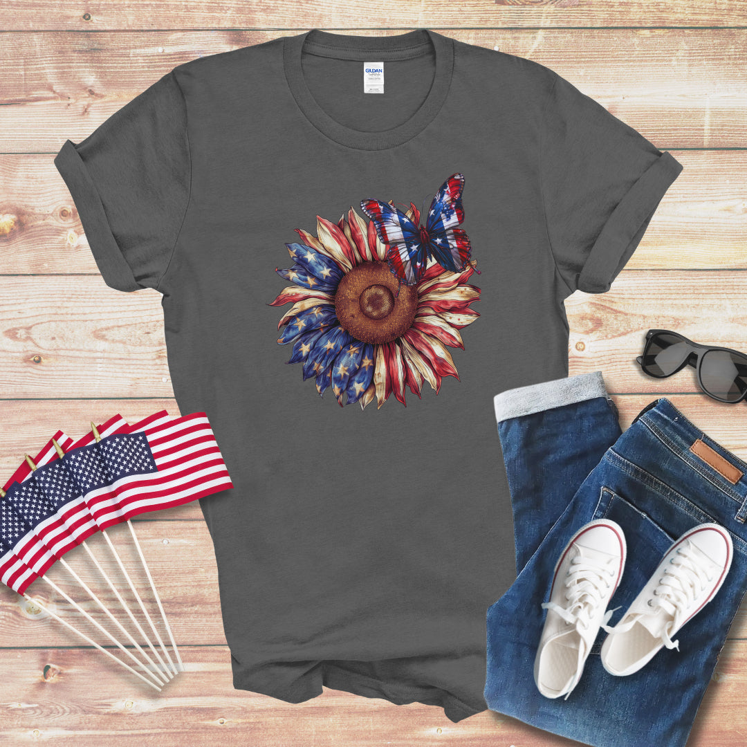 Patriotic Butterfly on Sunflower 1 Unisex Softstyle T-Shirt