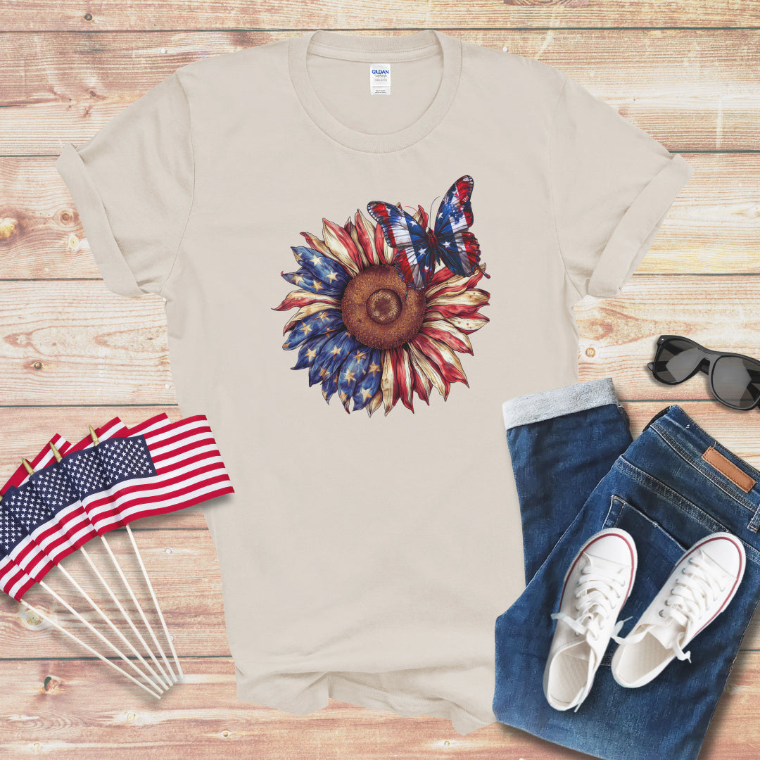 Patriotic Butterfly on Sunflower 1 Unisex Softstyle T-Shirt