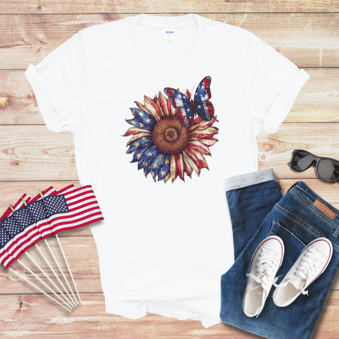 Patriotic Butterfly on Sunflower 1 Unisex Softstyle T-Shirt