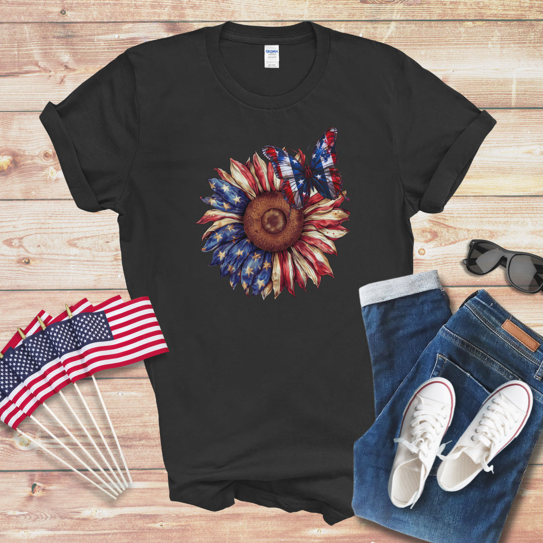 Patriotic Butterfly on Sunflower 1 Unisex Softstyle T-Shirt